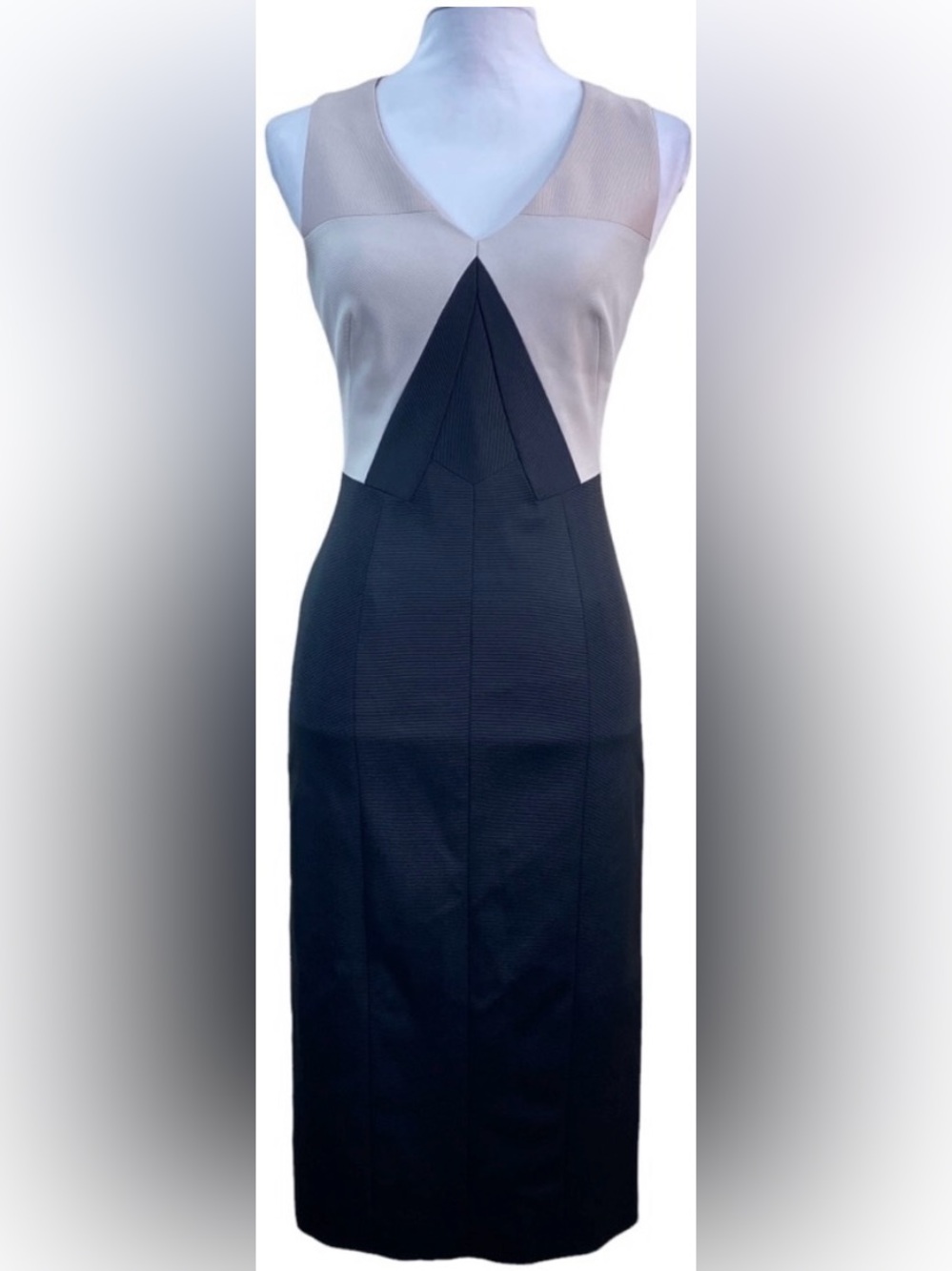 NWT $295 Karen Miller Sleeveless Colorblock Beige/Black V-Neck Dress, Sz 4! 🍁